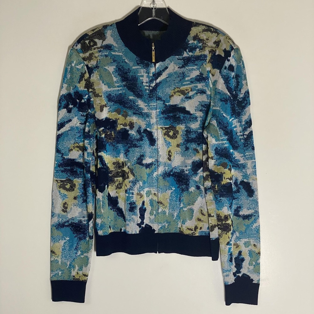 St. John Sweater Womens Medium Blue Full Zip Mock Neck Camo Abstract Knit‎